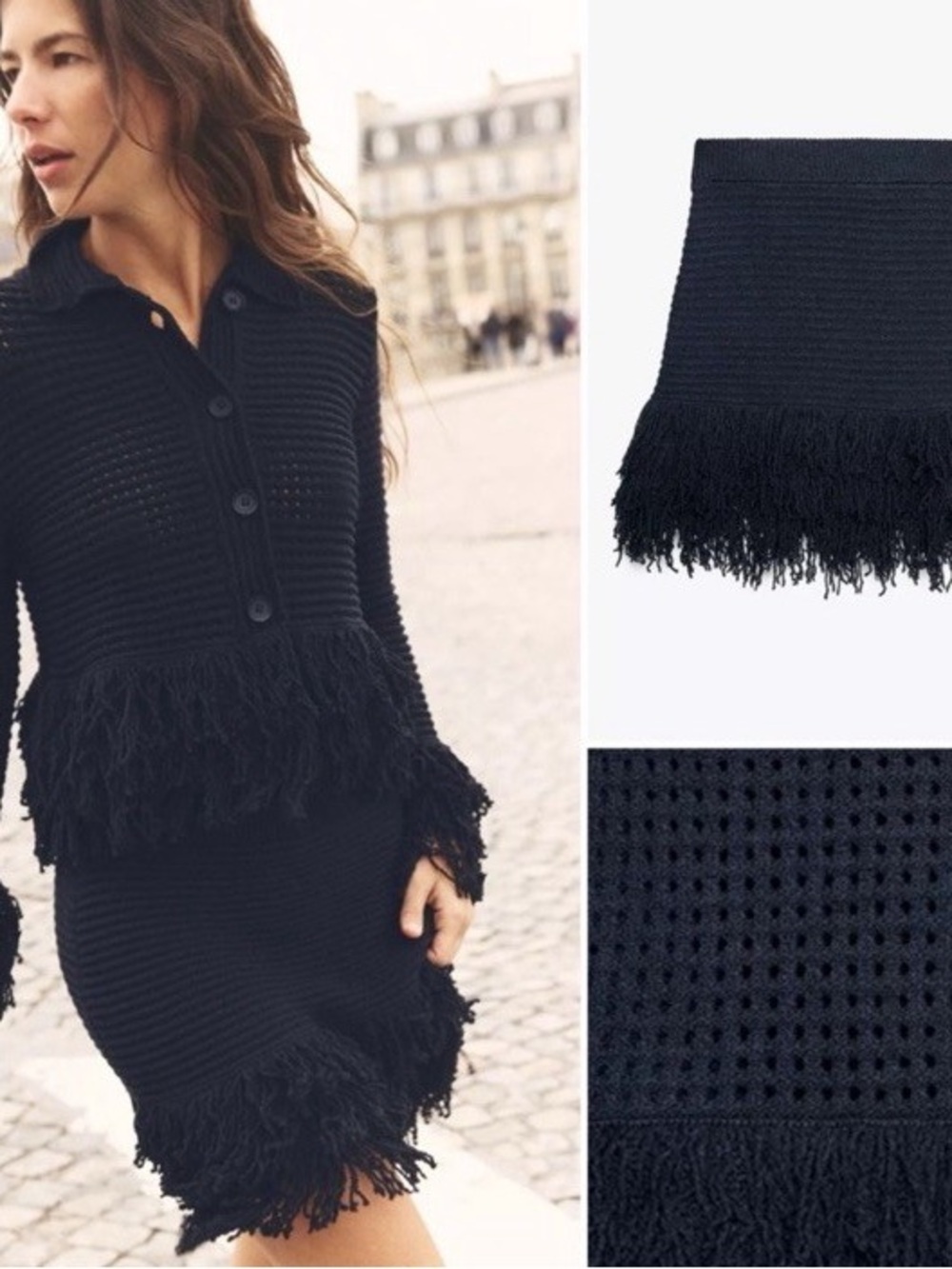 Zara Black Knit Mini Skirt with Fringe Hem